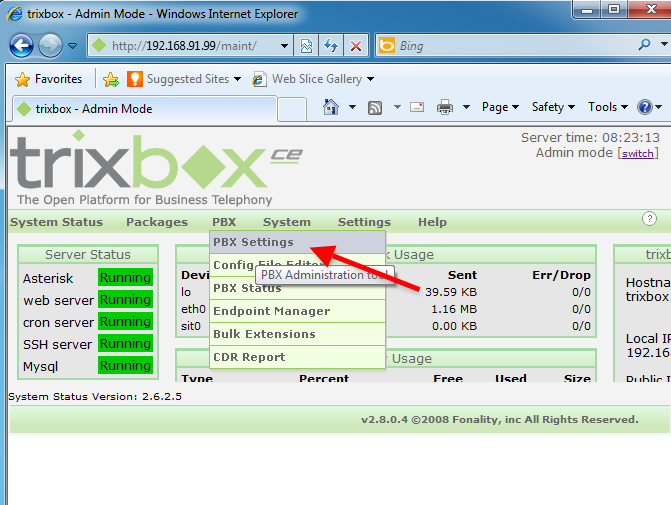 click on pbx settings