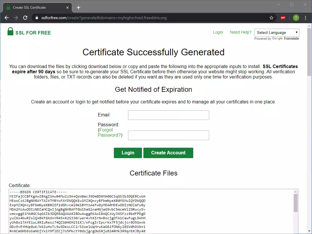 certificate generated