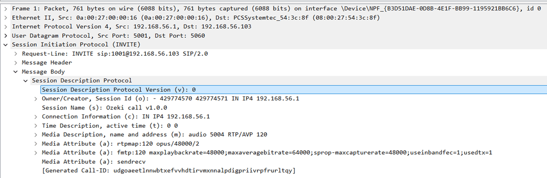 SIP INVITE request showing SDP body with enabled codec payload types