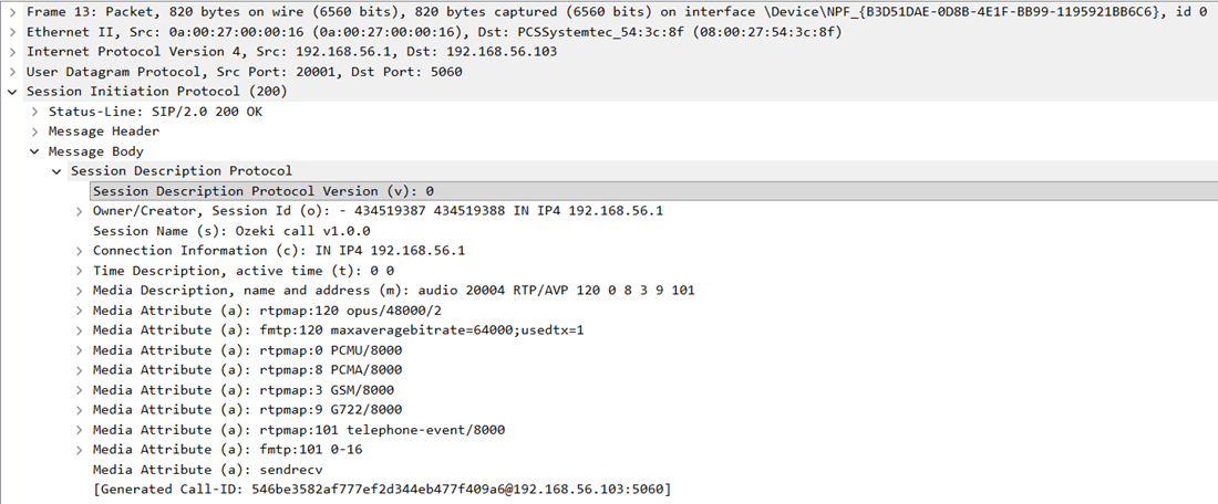 SIP 200 OK response showing the accepted codec in the SDP body