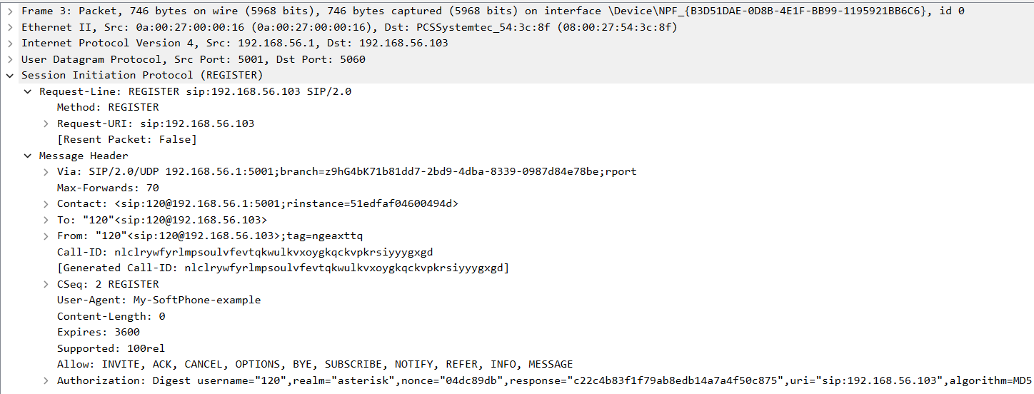 SIP REGISTER PDU for the first SIP account