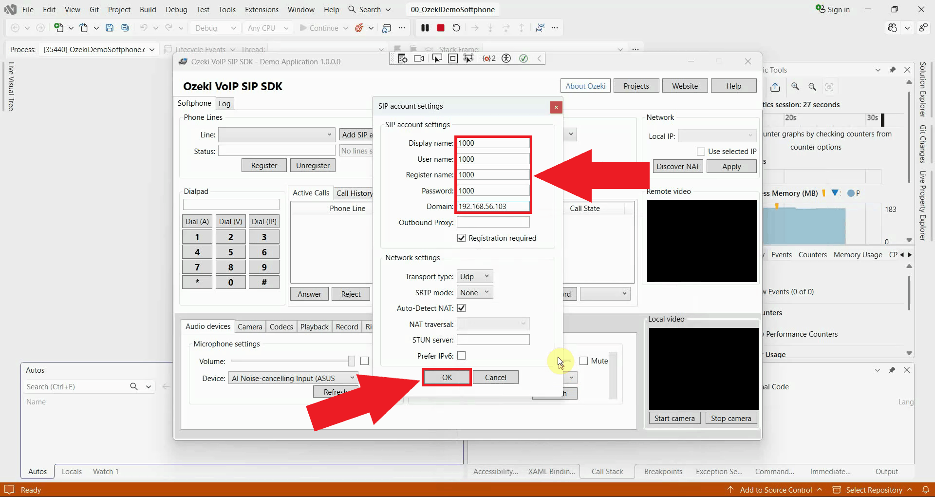 Fill in SIP account details and press OK